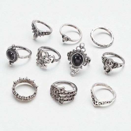 Vintage Boho Black Stone Ring Set – 10 Pcs Mixed Sizes Statement Jewellery - Fatisha Boutique #