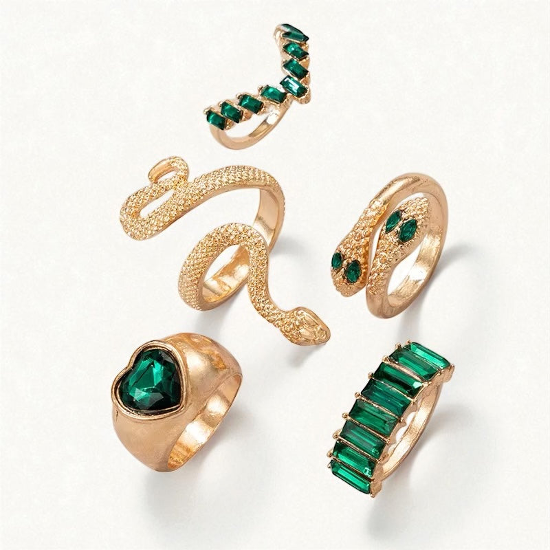 Emerald Glam Gold Ring Set – 5-Piece Non-Adjustable Snake & Gemstone Design - Fatisha Boutique #