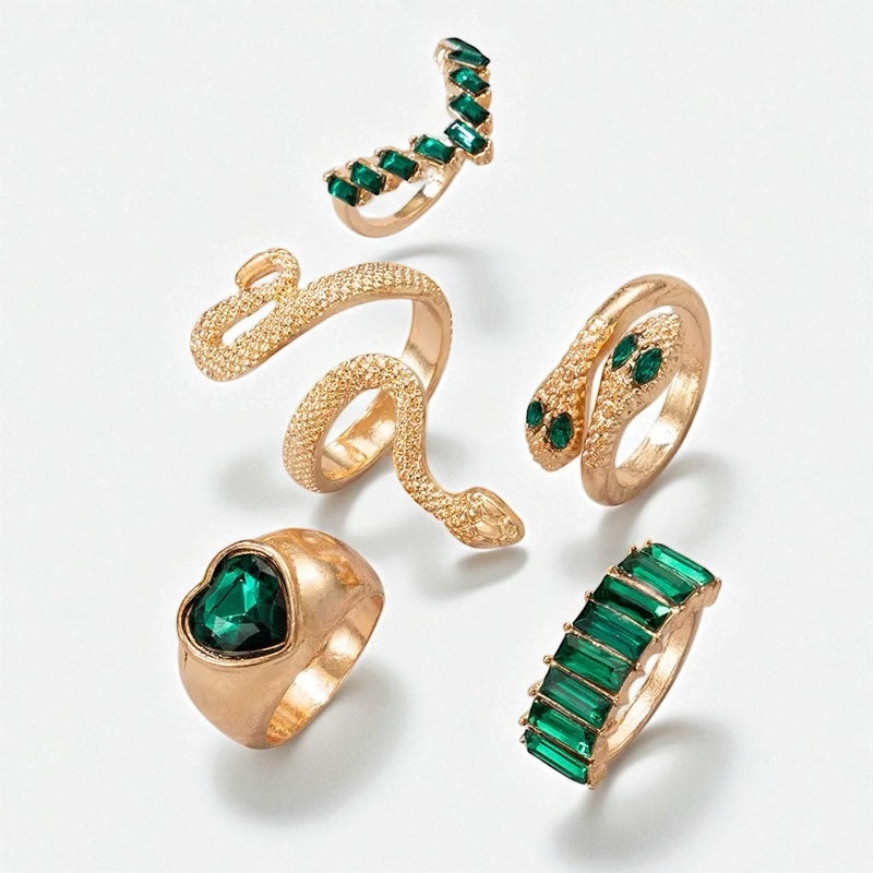 Emerald Glam Gold Ring Set – 5-Piece Non-Adjustable Snake & Gemstone Design - Fatisha Boutique #