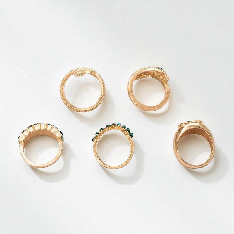 Emerald Glam Gold Ring Set – 5-Piece Non-Adjustable Snake & Gemstone Design - Fatisha Boutique #