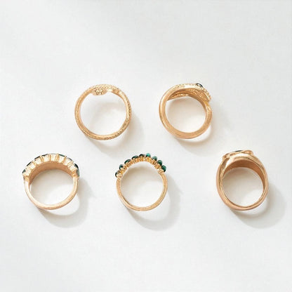 Emerald Glam Gold Ring Set – 5-Piece Non-Adjustable Snake & Gemstone Design - Fatisha Boutique #