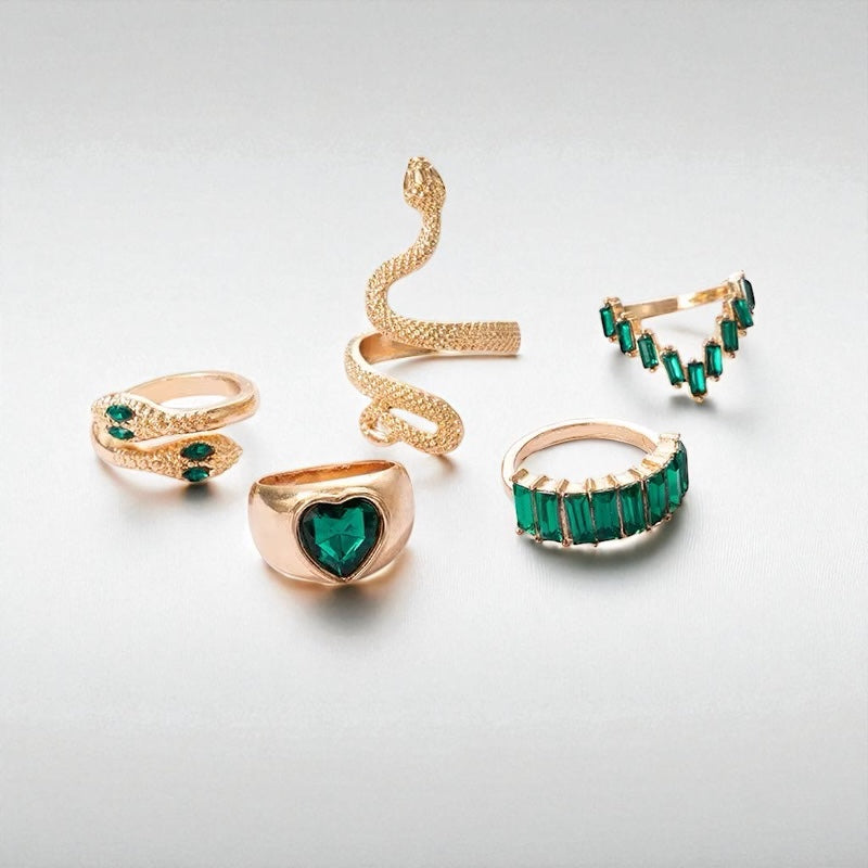 Emerald Glam Gold Ring Set – 5-Piece Non-Adjustable Snake & Gemstone Design - Fatisha Boutique #