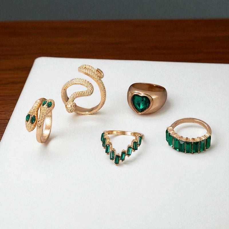 Emerald Glam Gold Ring Set – 5-Piece Non-Adjustable Snake & Gemstone Design - Fatisha Boutique #