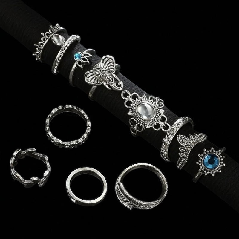 Set of 12 Vintage Silver Boho Rings – Mixed Designs with Blue Crystal Accents (Non-Adjustable) - Fatisha Boutique #