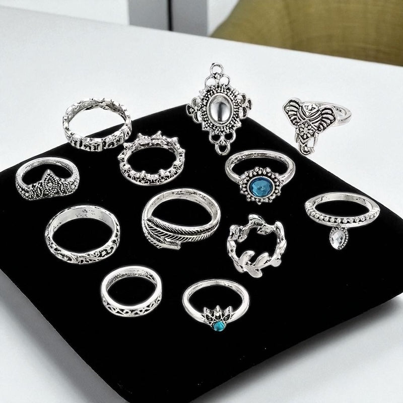 Set of 12 Vintage Silver Boho Rings – Mixed Designs with Blue Crystal Accents (Non-Adjustable) - Fatisha Boutique #