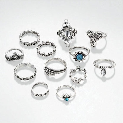 Set of 12 Vintage Silver Boho Rings – Mixed Designs with Blue Crystal Accents (Non-Adjustable) - Fatisha Boutique #