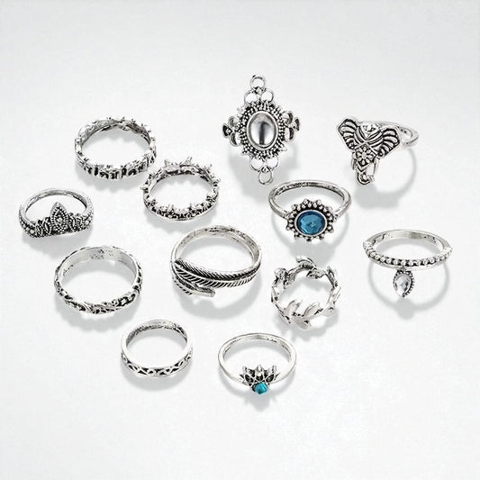 Set of 12 Vintage Silver Boho Rings – Mixed Designs with Blue Crystal Accents (Non-Adjustable) - Fatisha Boutique #