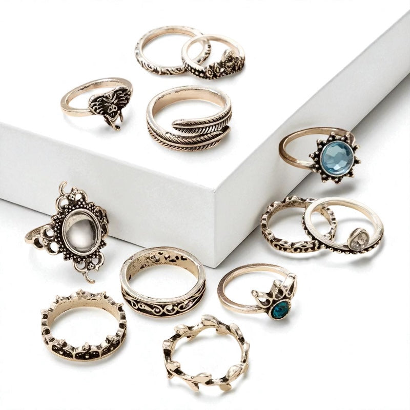 Set of 12 Vintage Silver Boho Rings – Mixed Designs with Blue Crystal Accents (Non-Adjustable) - Fatisha Boutique #