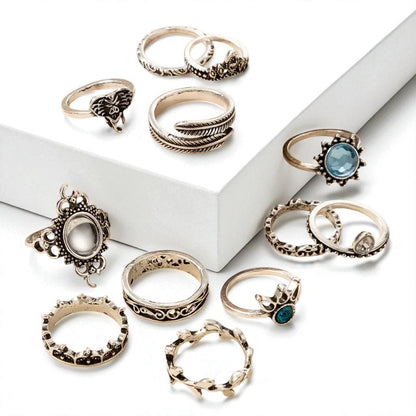 Set of 12 Vintage Silver Boho Rings – Mixed Designs with Blue Crystal Accents (Non-Adjustable) - Fatisha Boutique #