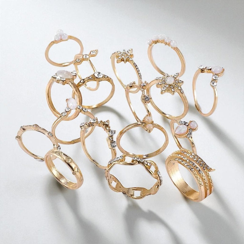 Gold Opal Aesthetic Ring Set (17 Pieces) – Vintage Boho Stacking Rings - Fatisha Boutique #