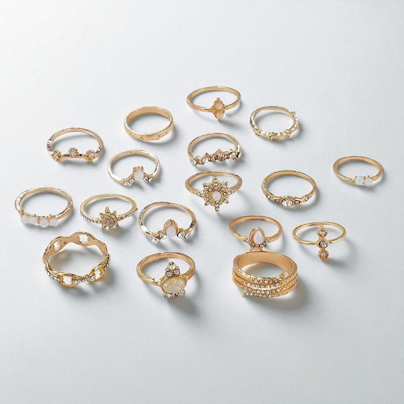 Gold Opal Aesthetic Ring Set (17 Pieces) – Vintage Boho Stacking Rings - Fatisha Boutique #
