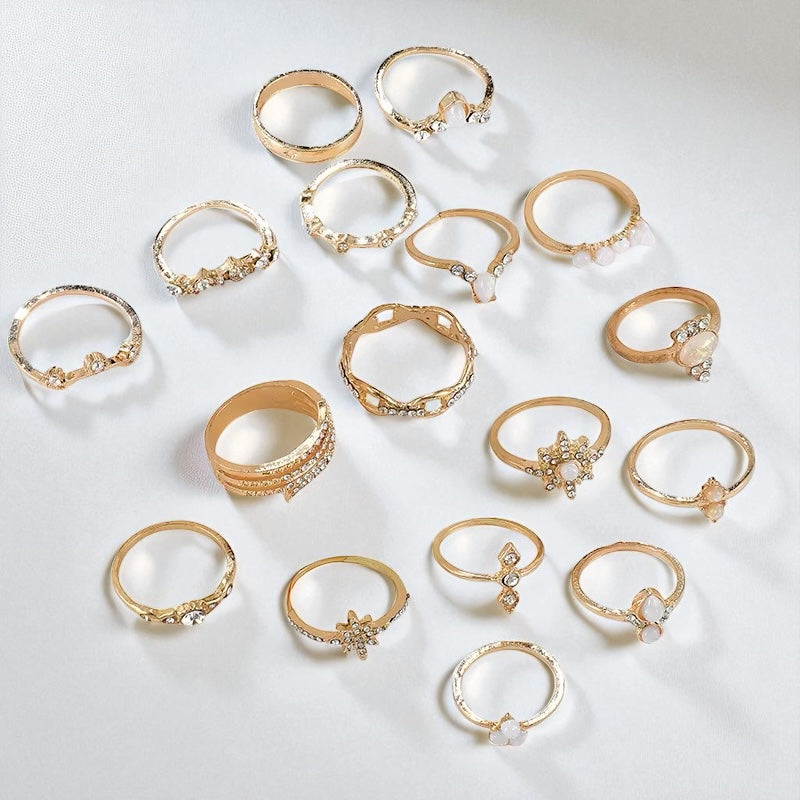 Gold Opal Aesthetic Ring Set (17 Pieces) – Vintage Boho Stacking Rings - Fatisha Boutique #