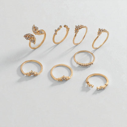 Elegant Butterfly & Crystal Gold Ring Set (8 Pieces) – Dainty Non-Adjustable Stackable Rings - Fatisha Boutique #