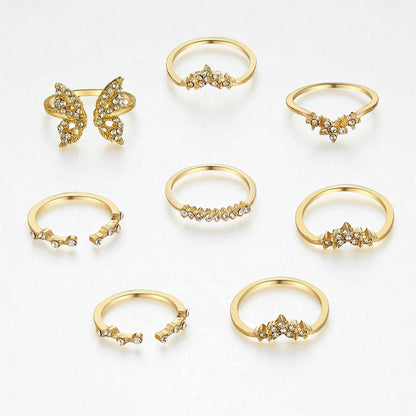 Elegant Butterfly & Crystal Gold Ring Set (8 Pieces) – Dainty Non-Adjustable Stackable Rings - Fatisha Boutique #