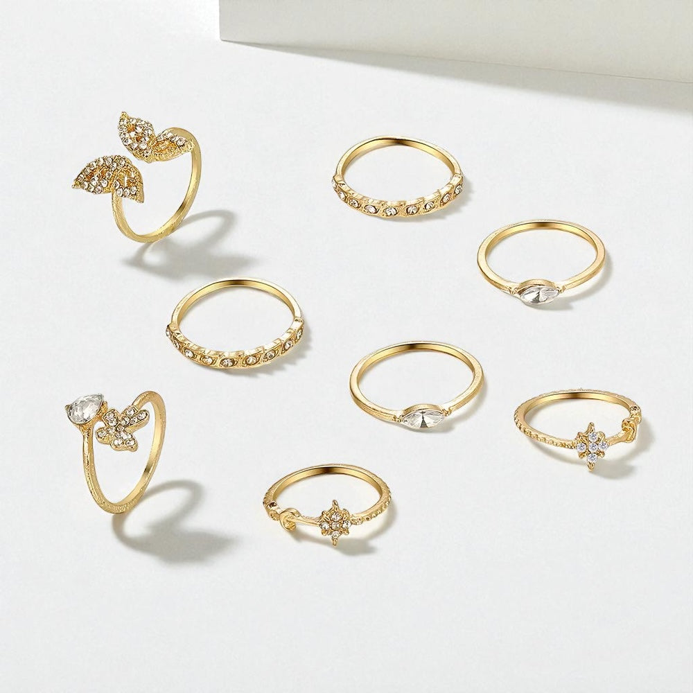 Elegant Butterfly & Crystal Gold Ring Set (8 Pieces) – Dainty Non-Adjustable Stackable Rings - Fatisha Boutique #