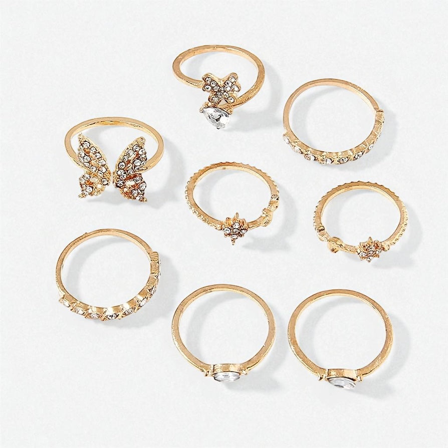 Elegant Butterfly & Crystal Gold Ring Set (8 Pieces) – Dainty Non-Adjustable Stackable Rings - Fatisha Boutique #