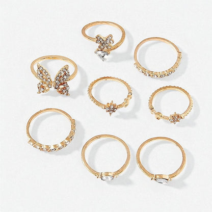 Elegant Butterfly & Crystal Gold Ring Set (8 Pieces) – Dainty Non-Adjustable Stackable Rings - Fatisha Boutique #