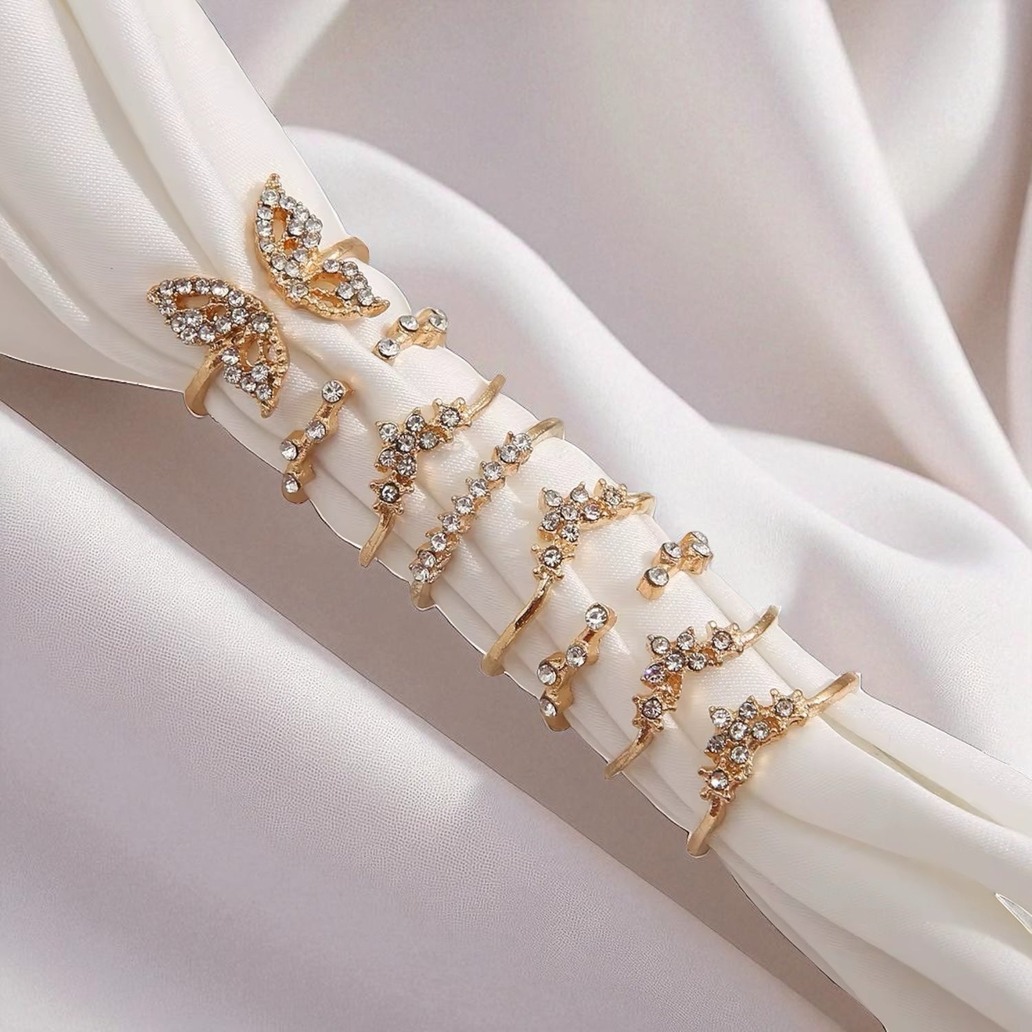 Elegant Butterfly & Crystal Gold Ring Set (8 Pieces) – Dainty Non-Adjustable Stackable Rings - Fatisha Boutique #