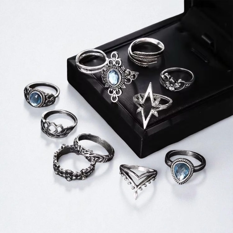 Boho Vintage Silver Ring Set – 11pcs Moonstone & Star Design - Fatisha Boutique #