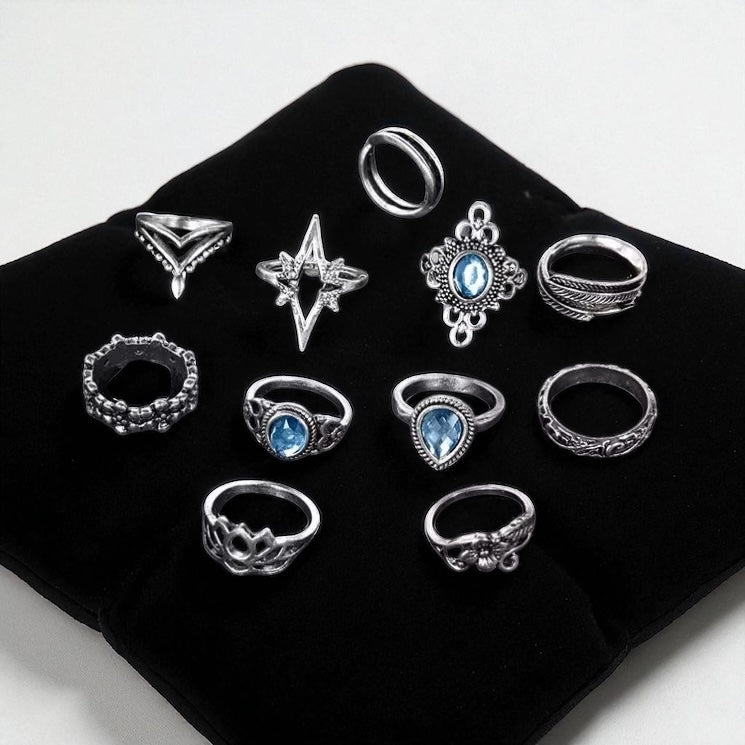 Boho Vintage Silver Ring Set – 11pcs Moonstone & Star Design - Fatisha Boutique #