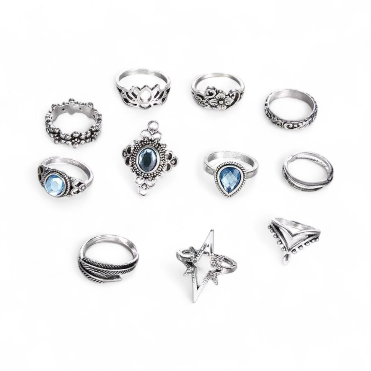 Boho Vintage Silver Ring Set – 11pcs Moonstone & Star Design - Fatisha Boutique #