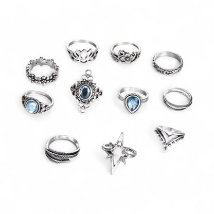 Boho Vintage Silver Ring Set – 11pcs Moonstone & Star Design - Fatisha Boutique #