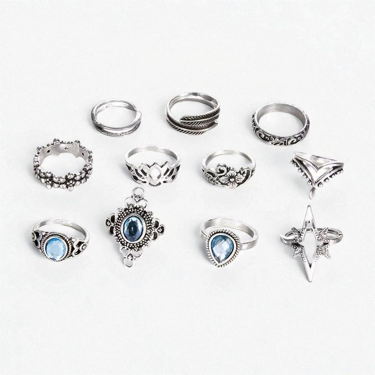 Boho Vintage Silver Ring Set – 11pcs Moonstone & Star Design - Fatisha Boutique #