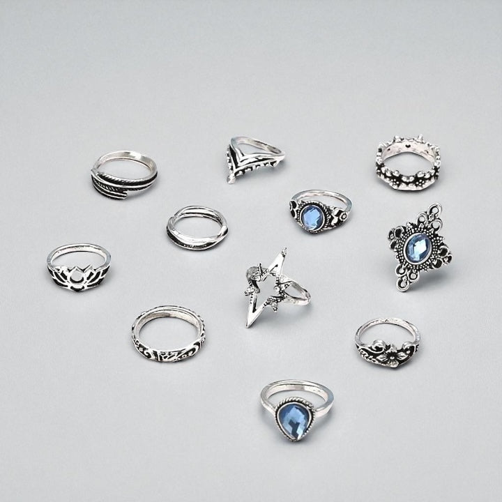 Boho Vintage Silver Ring Set – 11pcs Moonstone & Star Design - Fatisha Boutique #
