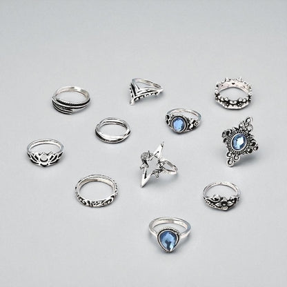 Boho Vintage Silver Ring Set – 11pcs Moonstone & Star Design - Fatisha Boutique #
