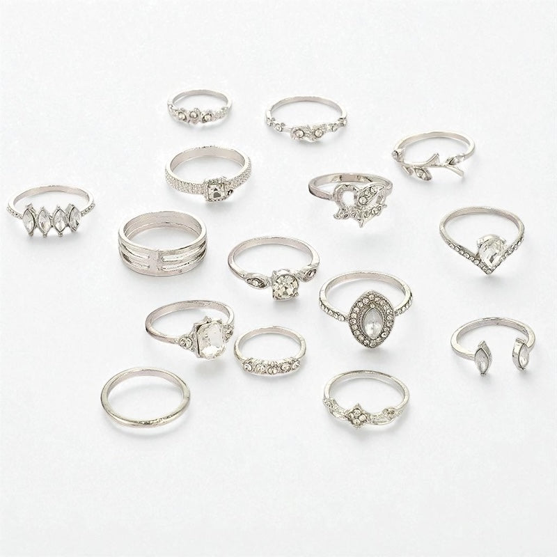 15-Piece Silver Rhinestone Ring Set – Boho Stacking Rings for Women