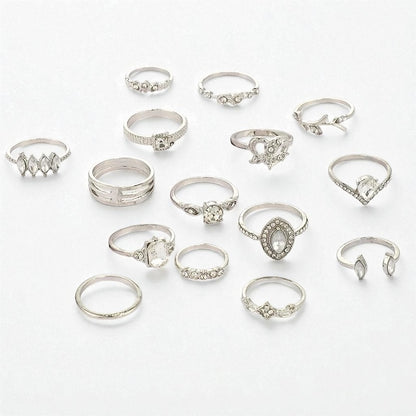 15-Piece Silver Rhinestone Ring Set – Boho Stacking Rings for Women
