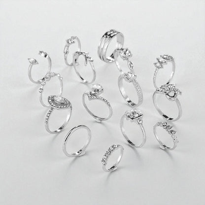 15-Piece Silver Rhinestone Ring Set – Boho Stacking Rings for Women