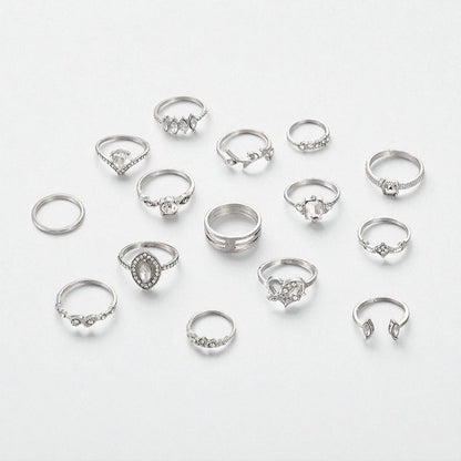 15-Piece Silver Rhinestone Ring Set – Boho Stacking Rings for Women