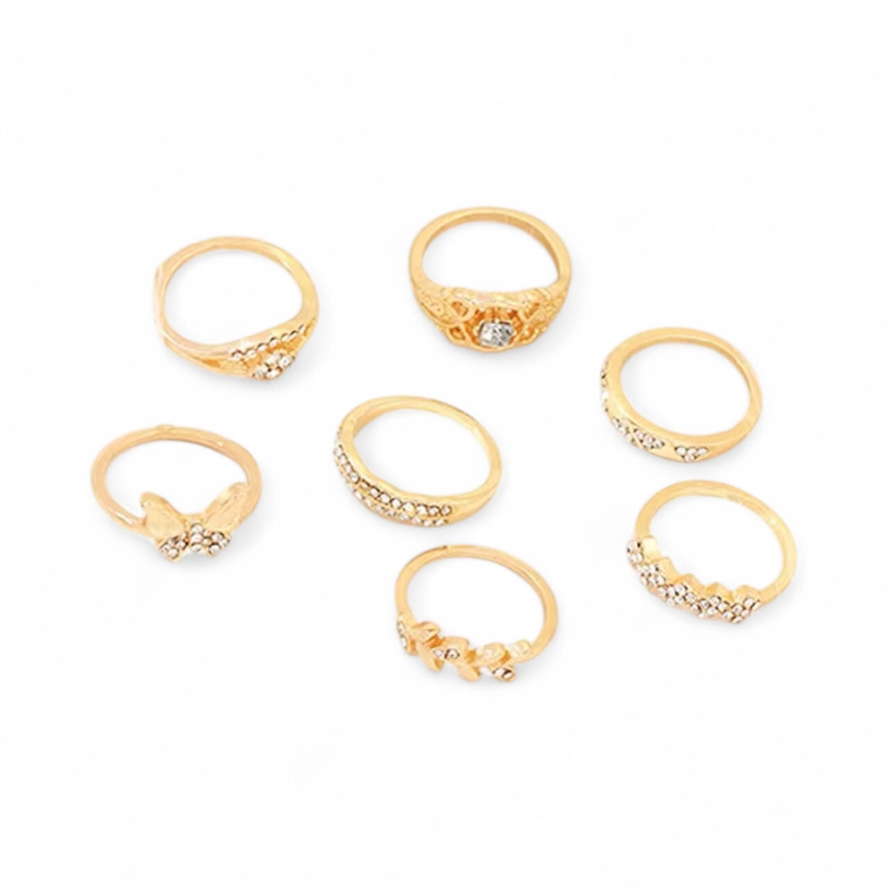 Gold Rhinestone Ring Set – 7 Stackable Pieces - Fatisha Boutique #