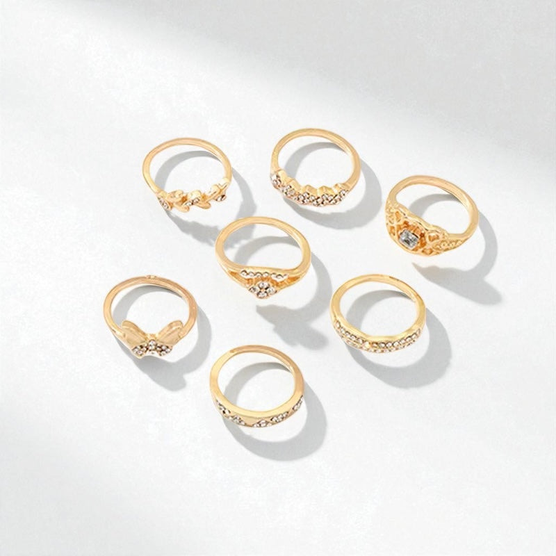 Gold Rhinestone Ring Set – 7 Stackable Pieces - Fatisha Boutique #