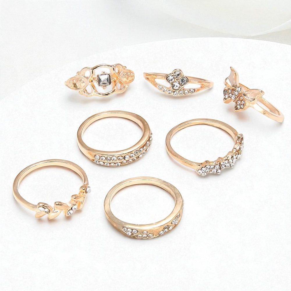 Gold Rhinestone Ring Set – 7 Stackable Pieces - Fatisha Boutique #