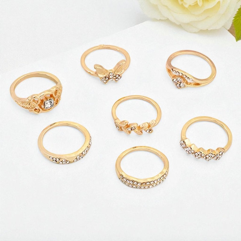 Gold Rhinestone Ring Set – 7 Stackable Pieces - Fatisha Boutique #