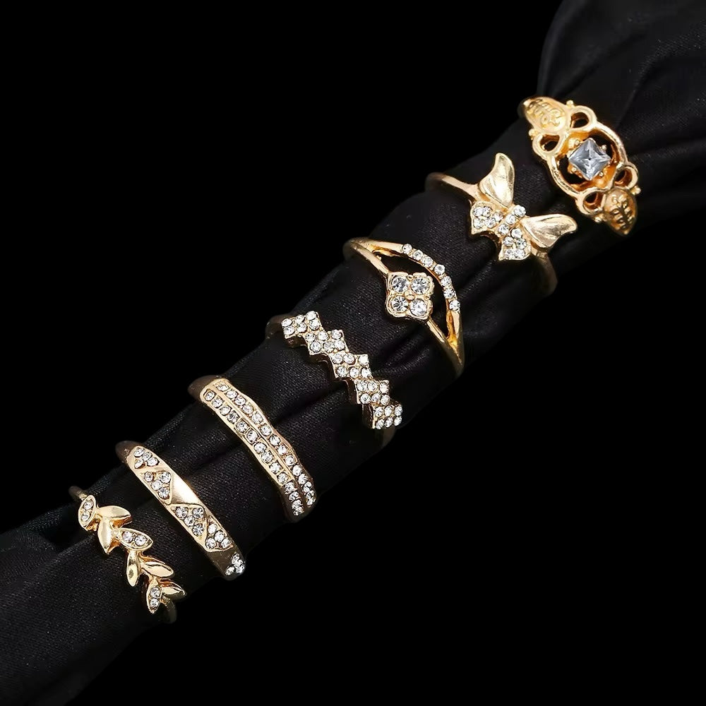 Gold Rhinestone Ring Set – 7 Stackable Pieces - Fatisha Boutique #