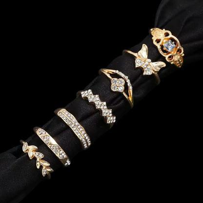 Gold Rhinestone Ring Set – 7 Stackable Pieces - Fatisha Boutique #