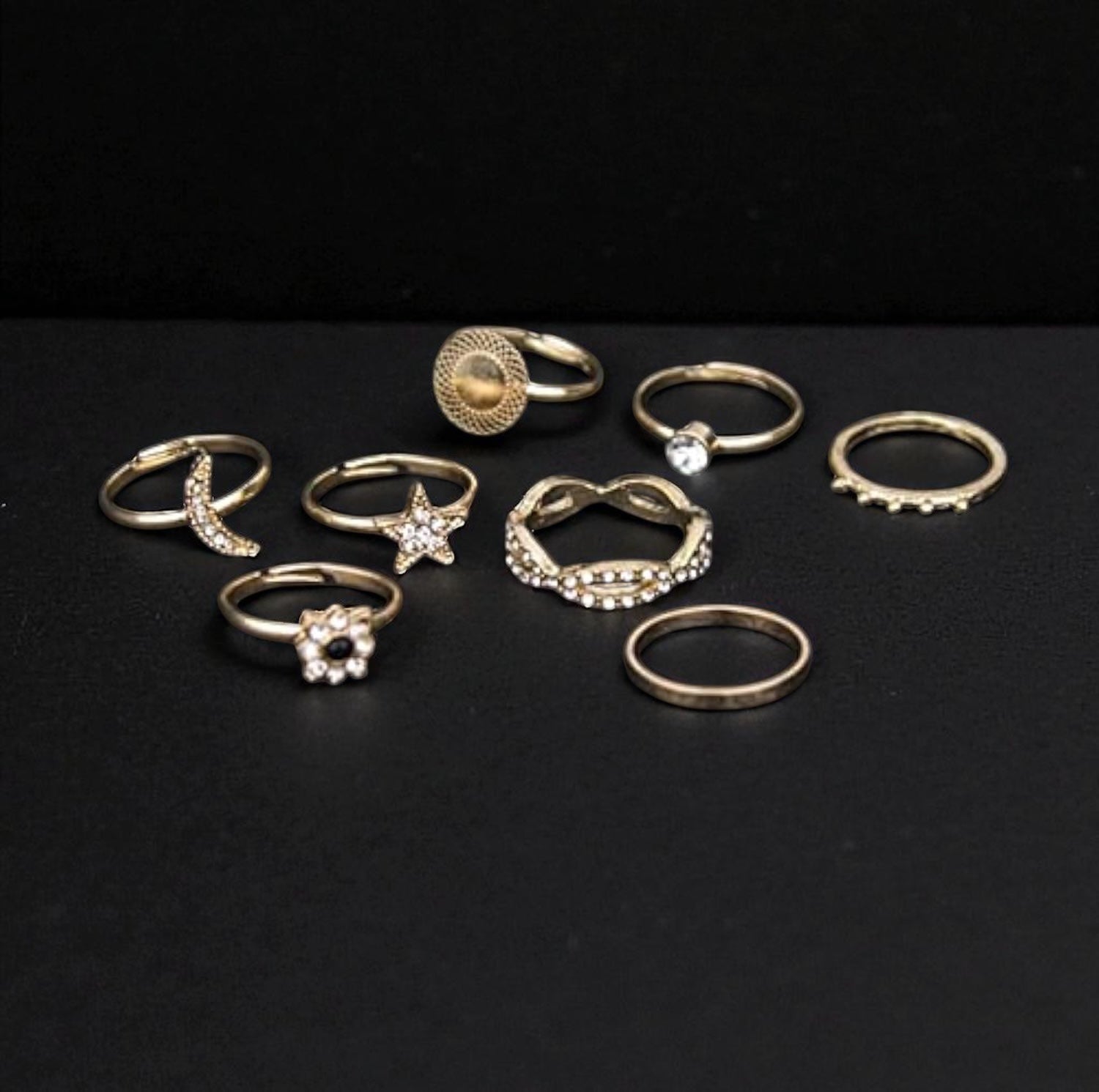 8-Piece Gold Boho Ring Set – Celestial & Crystal Stackable Rings for Women - Fatisha Boutique #