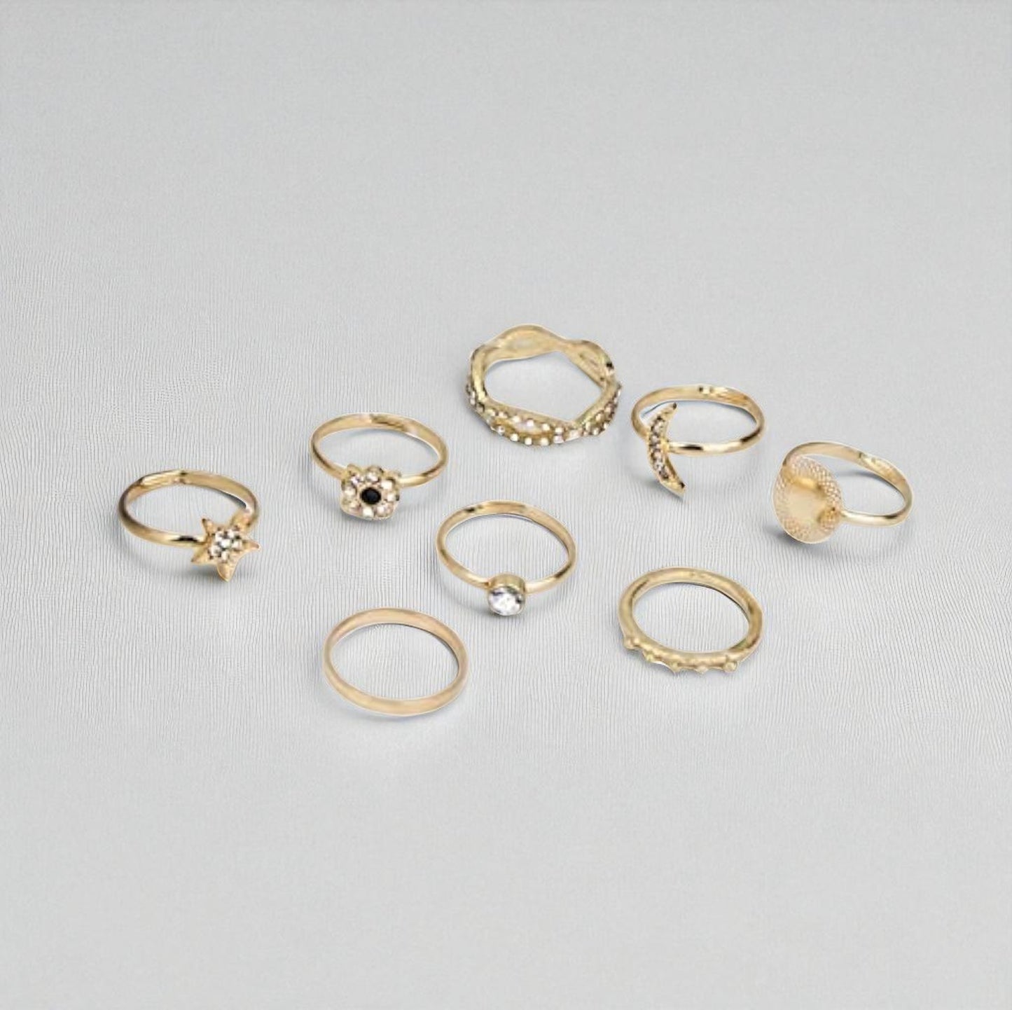 8-Piece Gold Boho Ring Set – Celestial & Crystal Stackable Rings for Women - Fatisha Boutique #