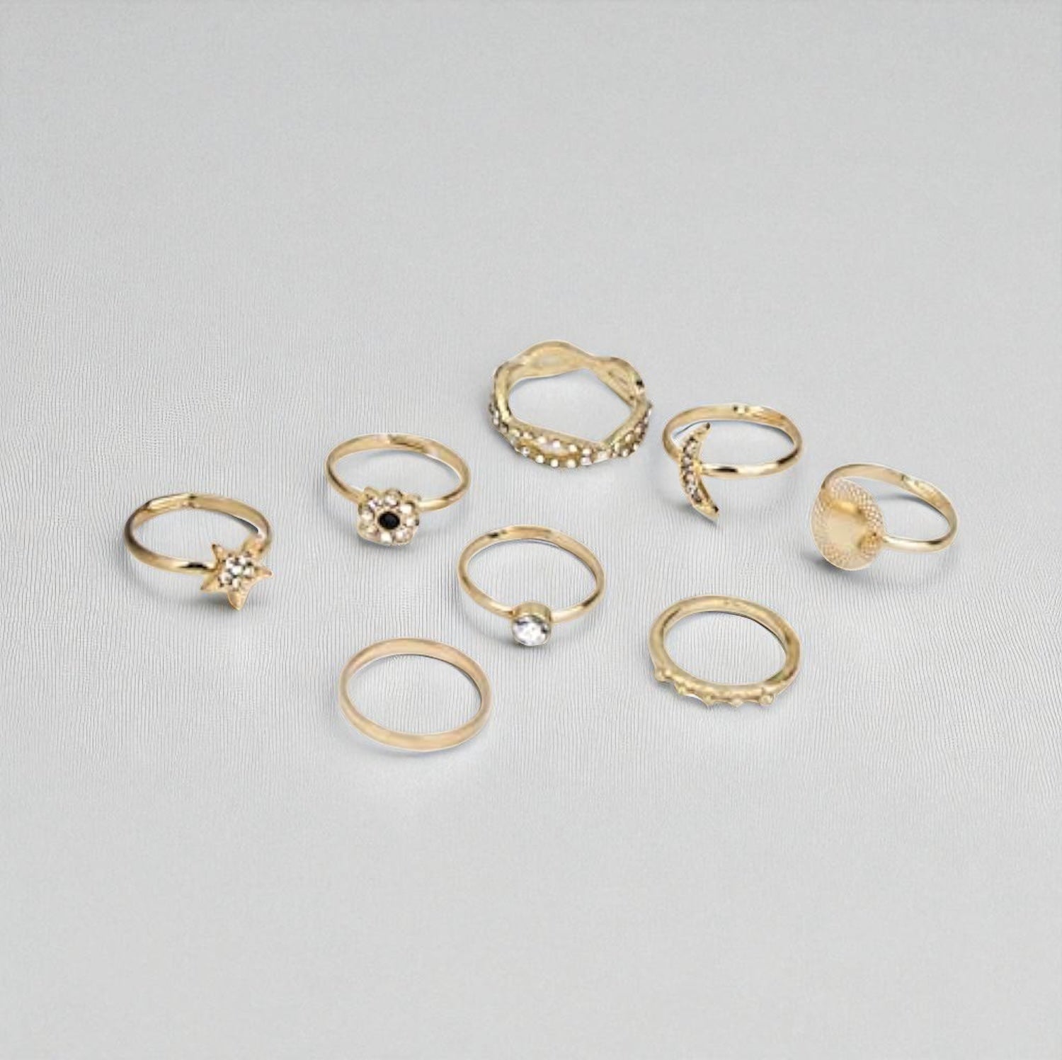 8-Piece Gold Boho Ring Set – Celestial & Crystal Stackable Rings for Women - Fatisha Boutique #