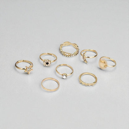 8-Piece Gold Boho Ring Set – Celestial & Crystal Stackable Rings for Women - Fatisha Boutique #