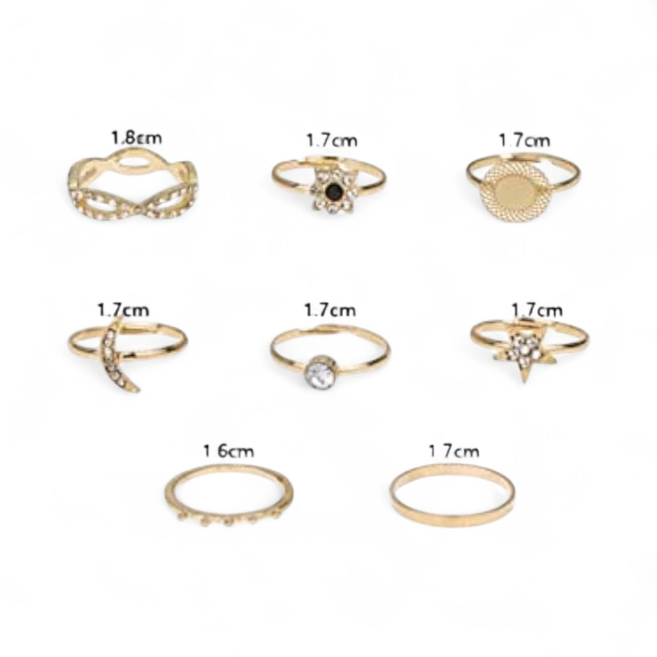8-Piece Gold Boho Ring Set – Celestial & Crystal Stackable Rings for Women - Fatisha Boutique #