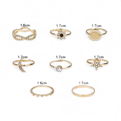 8-Piece Gold Boho Ring Set – Celestial & Crystal Stackable Rings for Women - Fatisha Boutique #