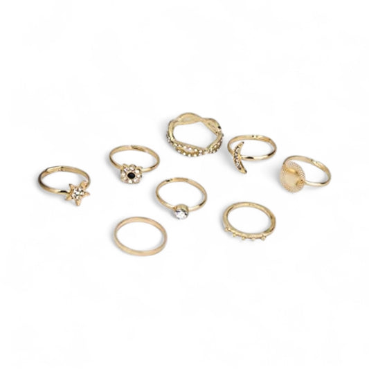 8-Piece Gold Boho Ring Set – Celestial & Crystal Stackable Rings for Women - Fatisha Boutique #
