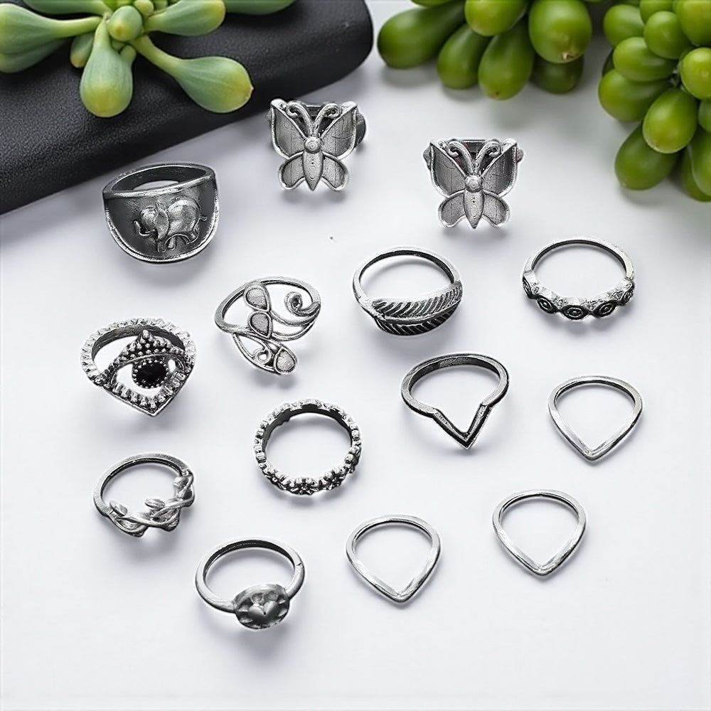 Boho Butterfly & Elephant Ring Set (15pcs) – Vintage Silver Statement Rings - Fatisha Boutique #