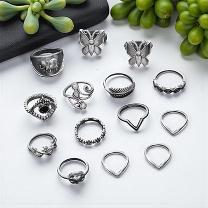 Boho Butterfly & Elephant Ring Set (15pcs) – Vintage Silver Statement Rings - Fatisha Boutique #