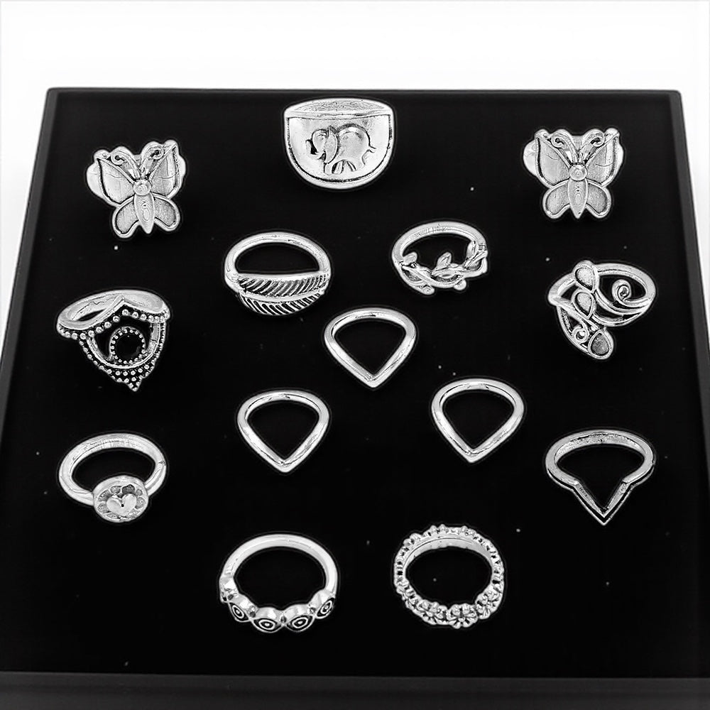 Boho Butterfly & Elephant Ring Set (15pcs) – Vintage Silver Statement Rings - Fatisha Boutique #