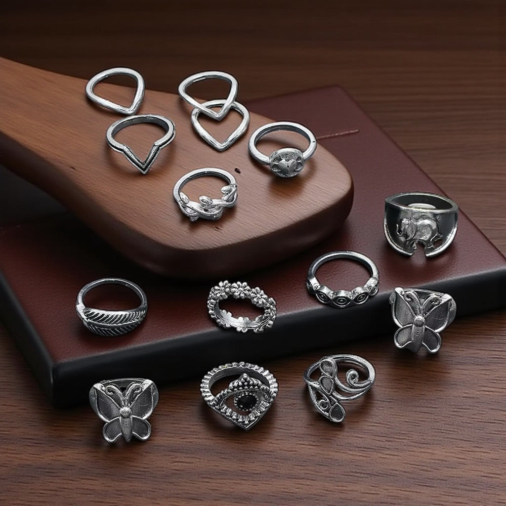 Boho Butterfly & Elephant Ring Set (15pcs) – Vintage Silver Statement Rings - Fatisha Boutique #